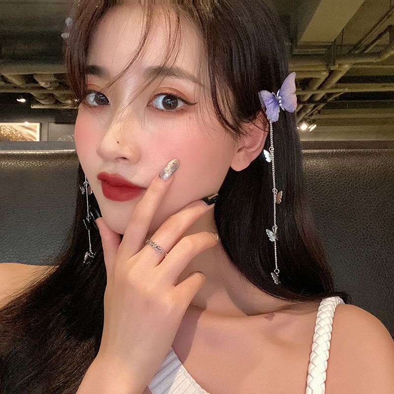 Kẹp tóc HAIMEIKANG chuỗi dây dài trang trí bươm bướm đính đá phong cách đơn giản thời trang