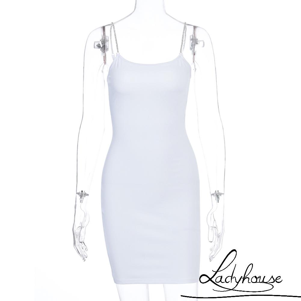 Đầm Hai Dây Mùa Hè Màu Trơn Đính Đá Hở Lưng Gợi Cảm Cho Nữ