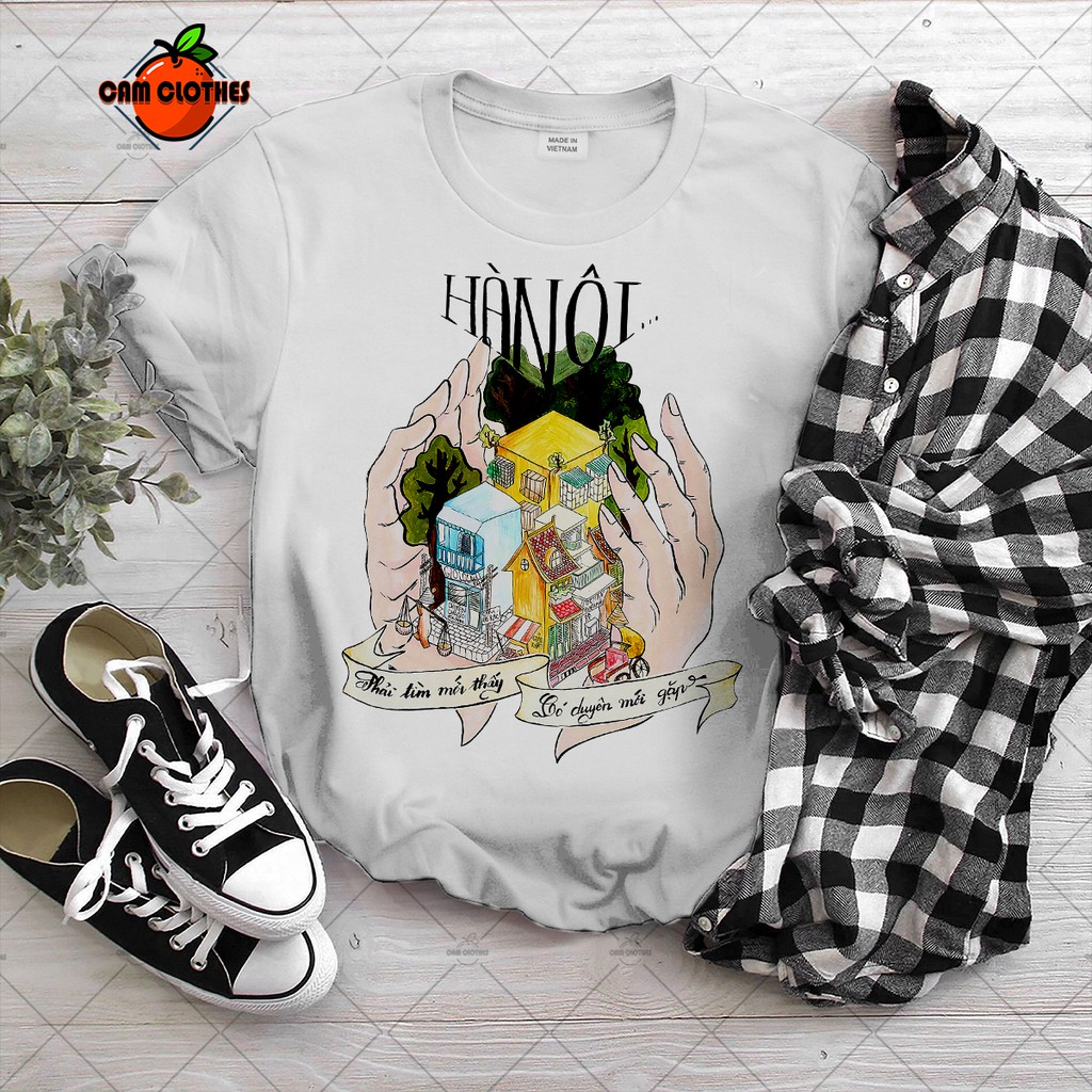 Áo thun xịn sò Áo thun Unisex Nam Nữ Tranh vẽ Hà Nội cổ tròn tay lỡ co giãn mát mẻ Cam Clothes độc đẹp giá rẻ