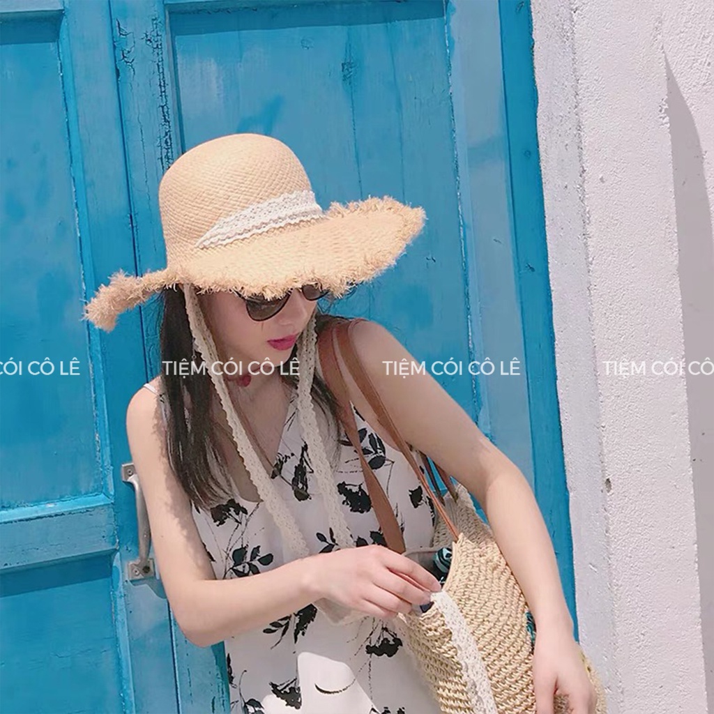 Mũ cói vành tua rua phối quai ren xinh xắn cho bạn gái đi biển, chụp ảnh - Tiệm Cói Cô Lê