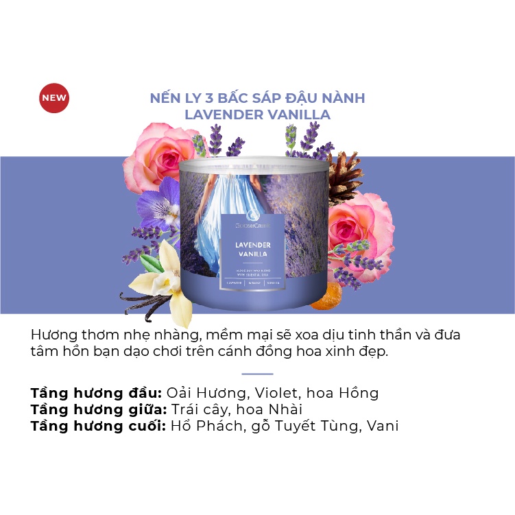Nến Ly 3 Bấc Sáp Đậu Nành Goose Creek 14.5oz - 411g - Lavender Vanilla