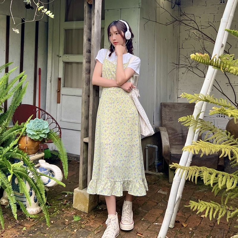 JANET STUDIO • Đầm 2 dây hoa xanh lá