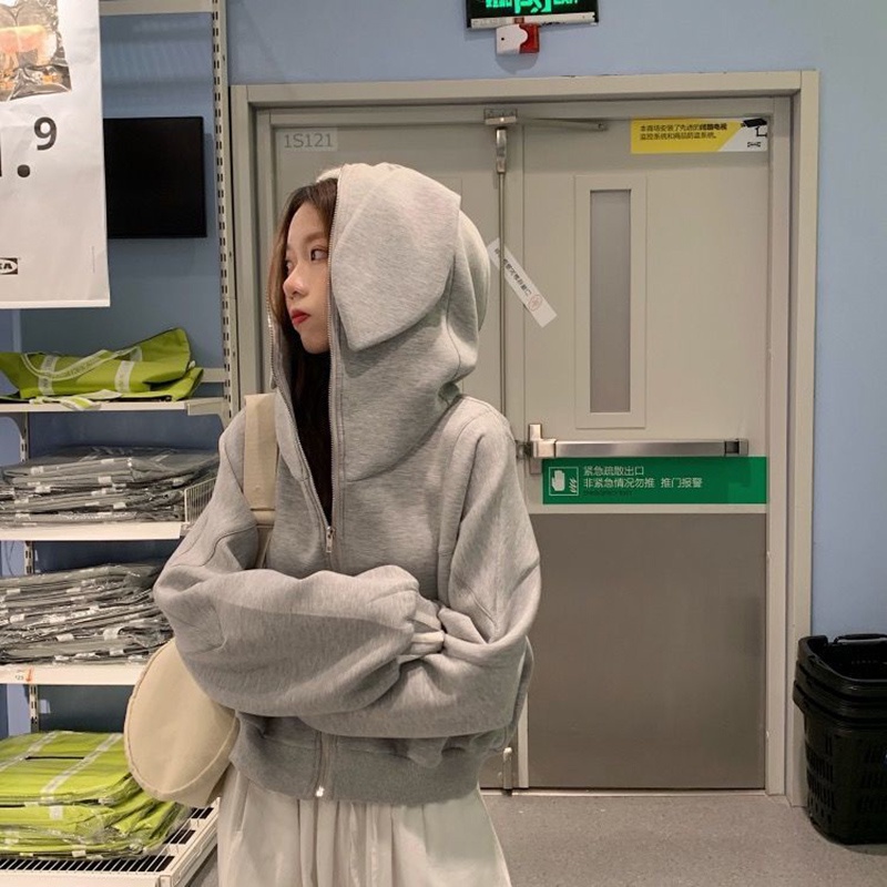 IELGY Áo hoodie dáng rộng có mũ trùm đầu kiểu tai thỏ phong cách Hàn Quốc thời trang cho nữ