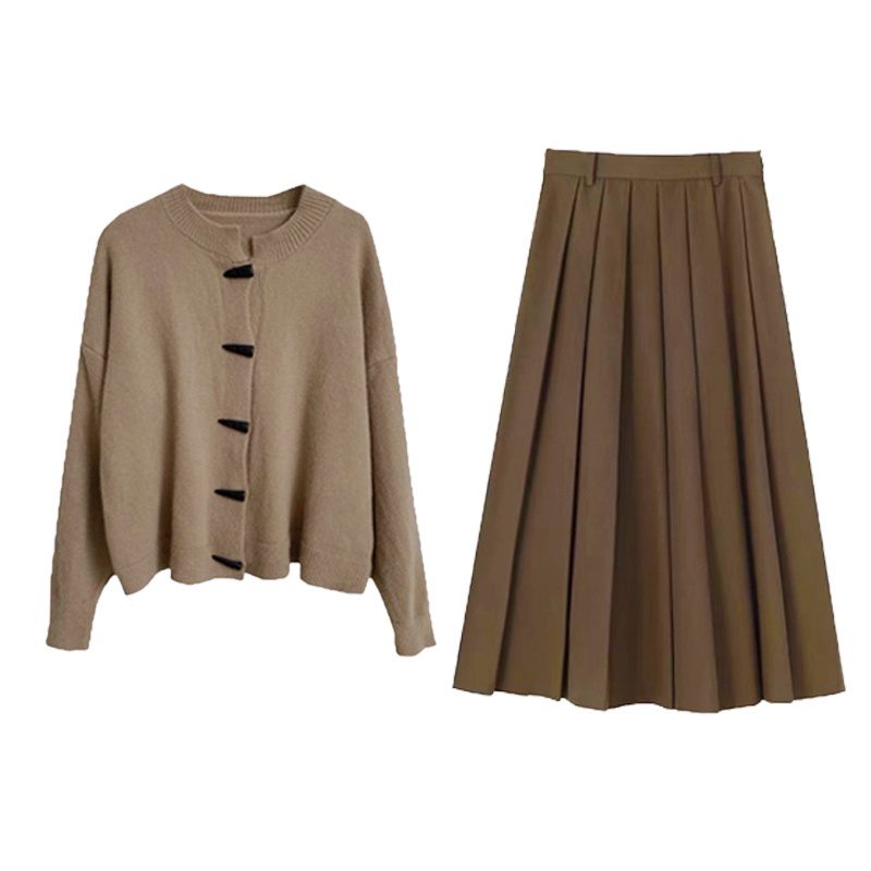 Áo len cardigan MORAN + chân váy xòe dài màu nâu vintage đáng yêu điệu đà Hàn Quốc