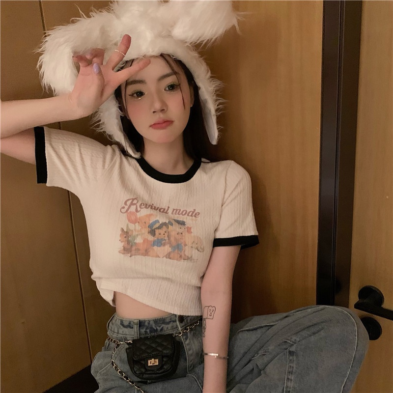 Áo kiểu ZHELIHANGFEI vải dệt kim ngắn tay in họa tiết xinh xắn theo phong cách Mỹ