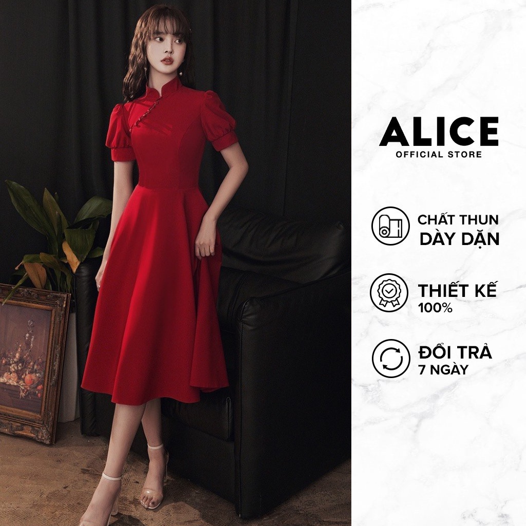 Váy Thiết Kế Cao Cấp Tiểu Thư ALICE Kiểu Dáng Ôm Eo Tôn Dáng Cùng Tay Bồng Cổ Tàu Phối Cục Bọc Sang Trọng V751