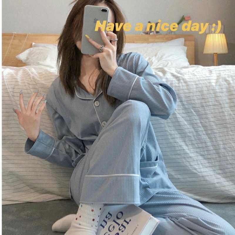 Bộ Ngủ / Mặc Nhà Pijama Thun Gân Dài Kèm Ảnh Thật
