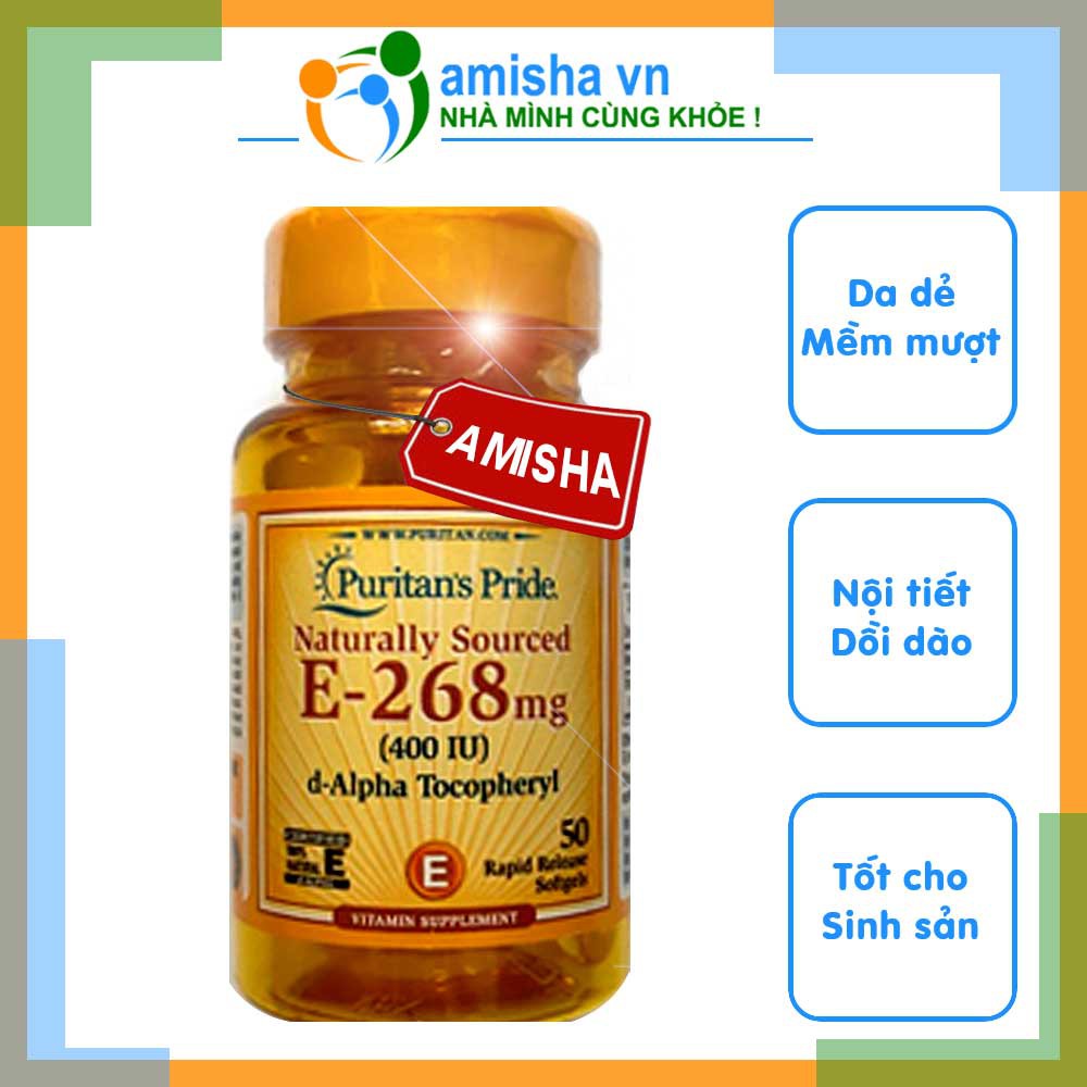 Viên Uống Naturally Sourced Vitamin E-268 mg (400 IU) - 100% Từ Tự Nhiên Hộp 50 Viên Puritan's Pride