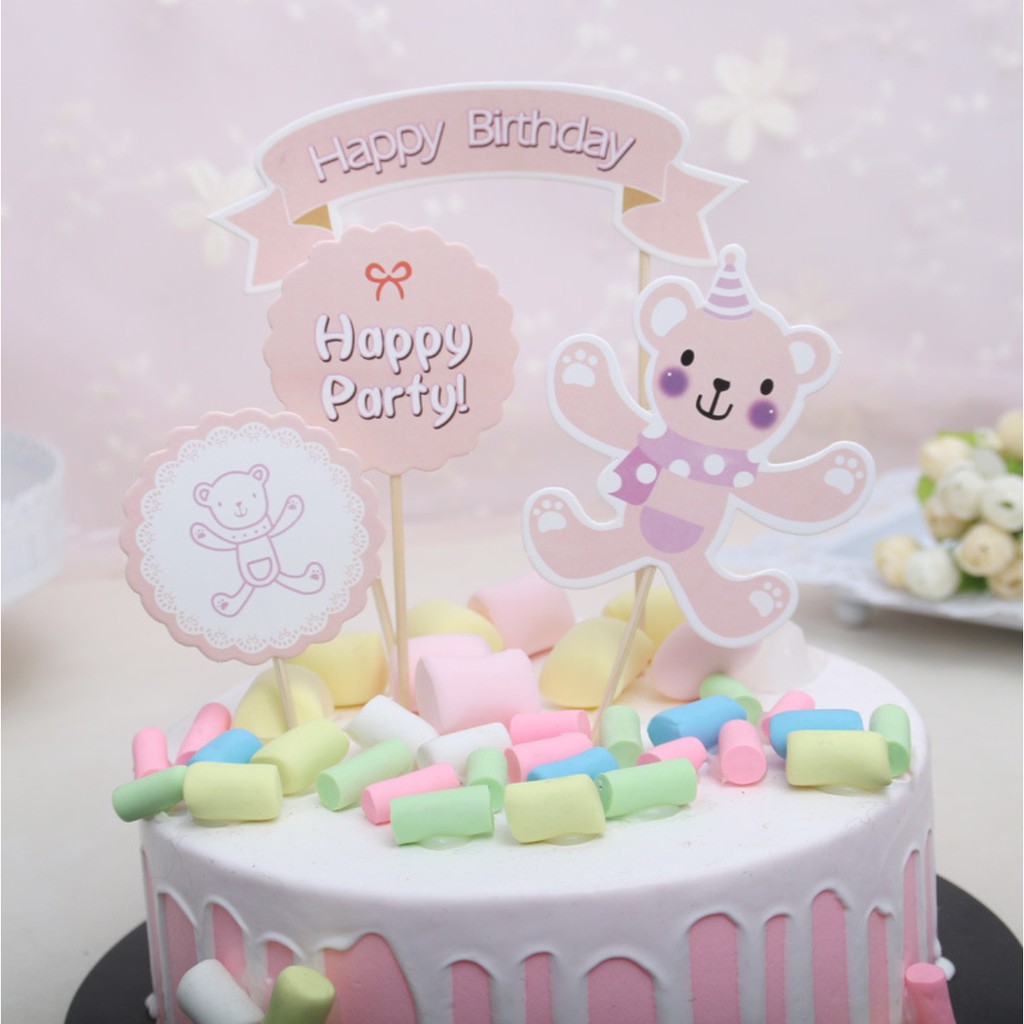 Que Cắm Thẻ Gấu Happy Birthday trang trí bánh kem, phụ kiện bánh sinh nhật