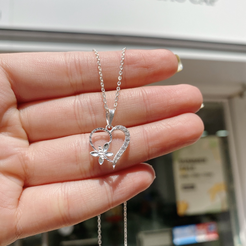 Dây Chuyền Bạc Ta Cao Cấp CaoBac Silver Hình Tim Cạnh Chuồn Chuồn Viền Đá Độc Lạ , Dễ Thương Cho Bạn Gái