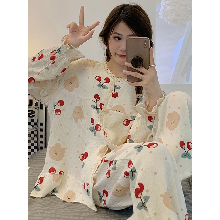 Bộ Đồ Ngủ Phối Ren Họa Tiết Hoa Ngọt Ngào Thời Trang Xuân Thu Cho Nữ