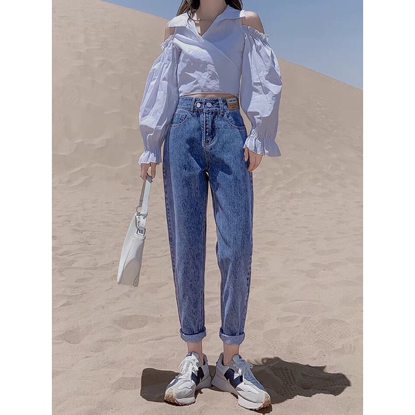 Quần jean bò baggy nữ jeans cạp cao phong cách Hàn Quốc 3 size S M L hót 2021