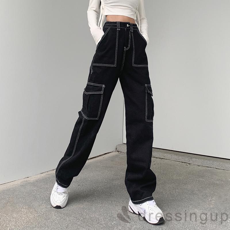 Quần denim lưng cao ống rộng có túi thời trang cho nữ