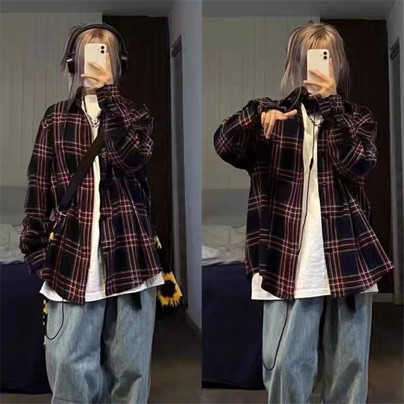 【ZHELIHANGFEI】Áo Sơ Mi Dài Tay Dáng Rộng Hoa Văn Kẻ Ô Phong Cách Retro