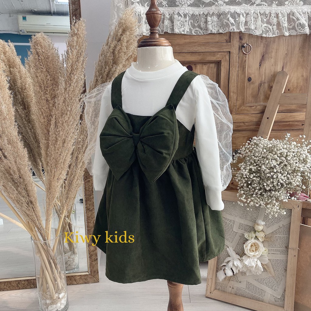 Set đồ thu đông bé gái KIWY KIDS gồm váy yếm nhung và áo thun dài tay rời Kids40 cho bé từ 1 đến 4 tuổi