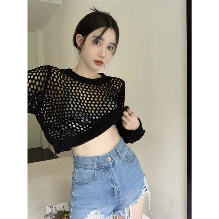 Porozi Áo dệt kim mỏng  dáng ngắn tay dài thời trang Hàn Quốc nhiều màu tùy chọn cho nữ