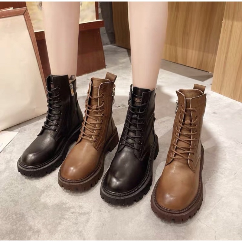 Boots cao cổ da , giày bốt nữ cao cổ độn đế khoàng 5cm chất da dày dặn hàng QCCC