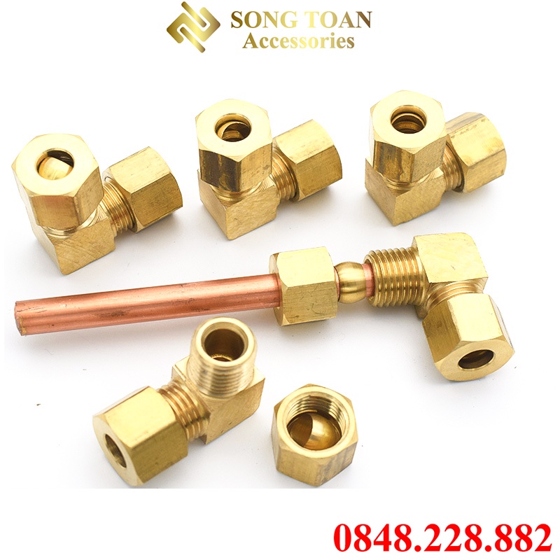 Co Hai Đầu Nối Ống Nhựa & Đồng - Bằng Cách Dùng Nón Xiết Hạt Bắp & Nhẫn - Ren Mịn Cong 90 Độ Brass Compression Fitting