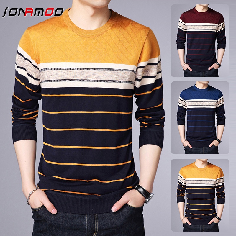 Áo Thun Nam Dài Tay Cổ Tròn Sọc Ngang Thời Trang