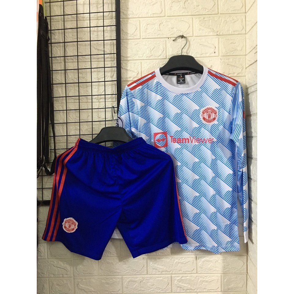 Bộ Áo Bóng Đá Thể Thao Đá Banh CLB MU MANCHESTER UNITED Dài Tay Màu Xanh Trắng Sân Khách Chất Polyester Lion Sport