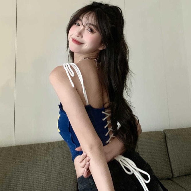 Dây rút màu xanh gợi cảm Top Tank Top Thời trang nữ