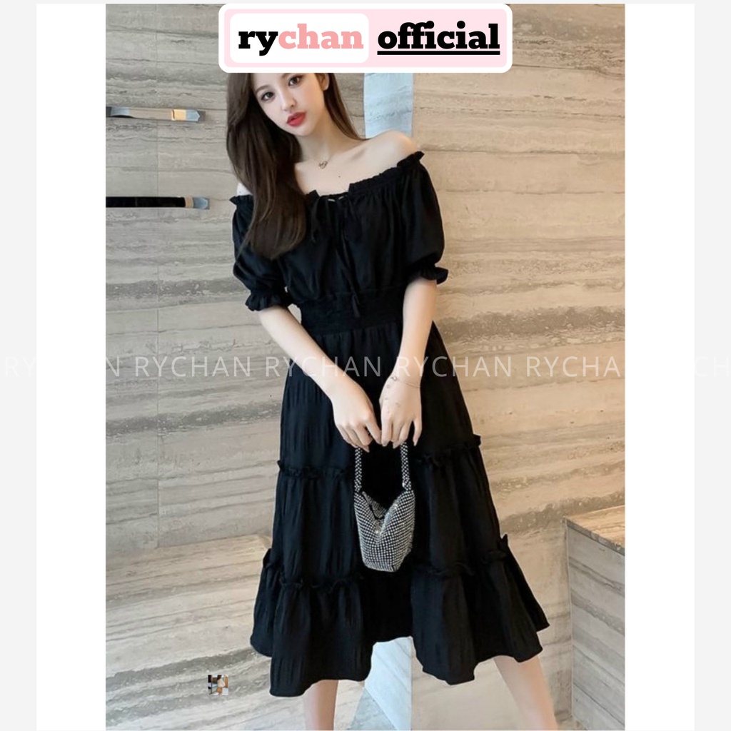 Đầm Xòe Midi Đen Trễ Vai Thắt Nơ Ngực - DX0052