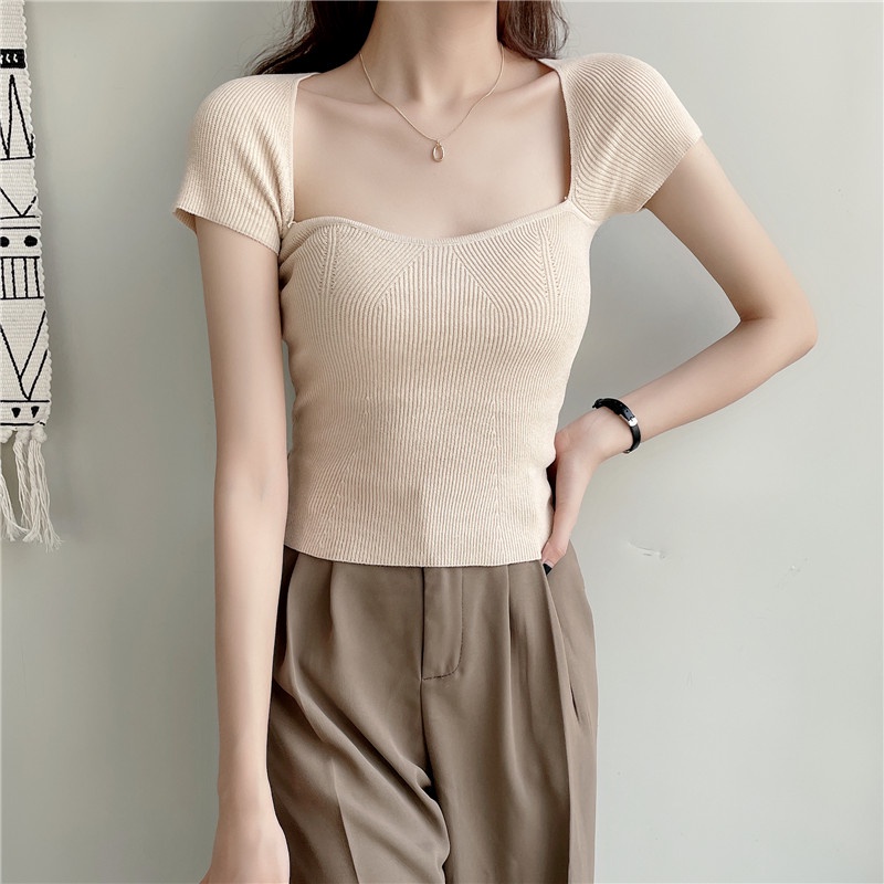 Áo thun nữ Len Sexy Cổ vuông Ngắn tay Retro Ulzzang Hàn Quốc Áo kiểu nữ Phong cách Cổ điển Vintage