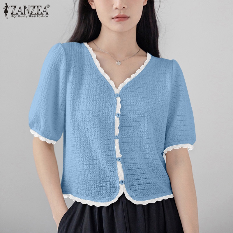 Áo ZANZEA tay phồng cổ chữ V màu tương phản phối viền ren có nút cài phong cách Hàn Quốc ngọt ngào cho nữ