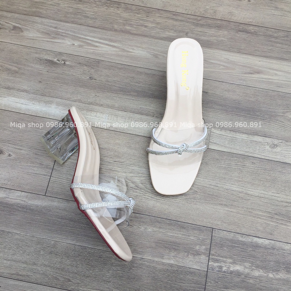 Dép cao gót nữ - Dép quai trong dây đá thắt nơ gót mika trong suốt cao 5p