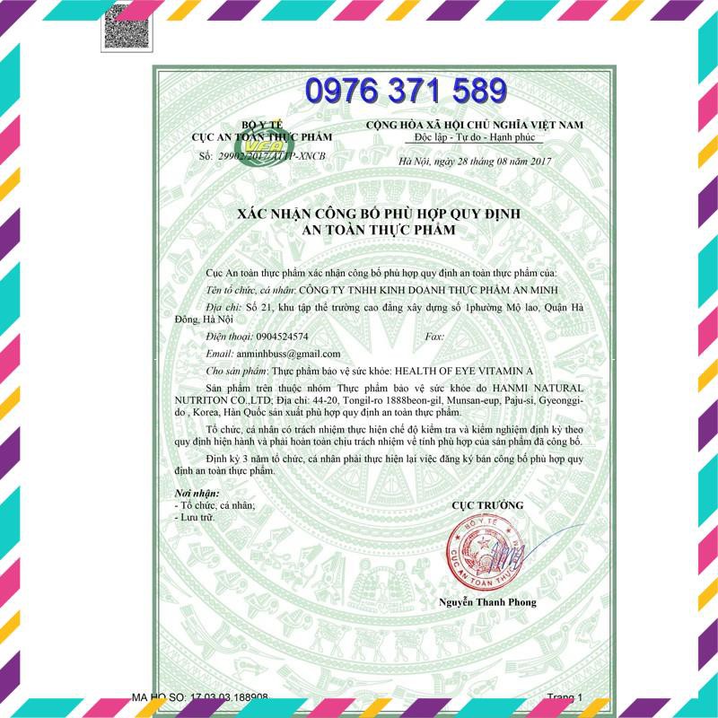 Viên uống bổ mắt HANMI Hàn Quốc 120 viên (Health Of Eye Vitamin A) | Thế Giới Skin Care