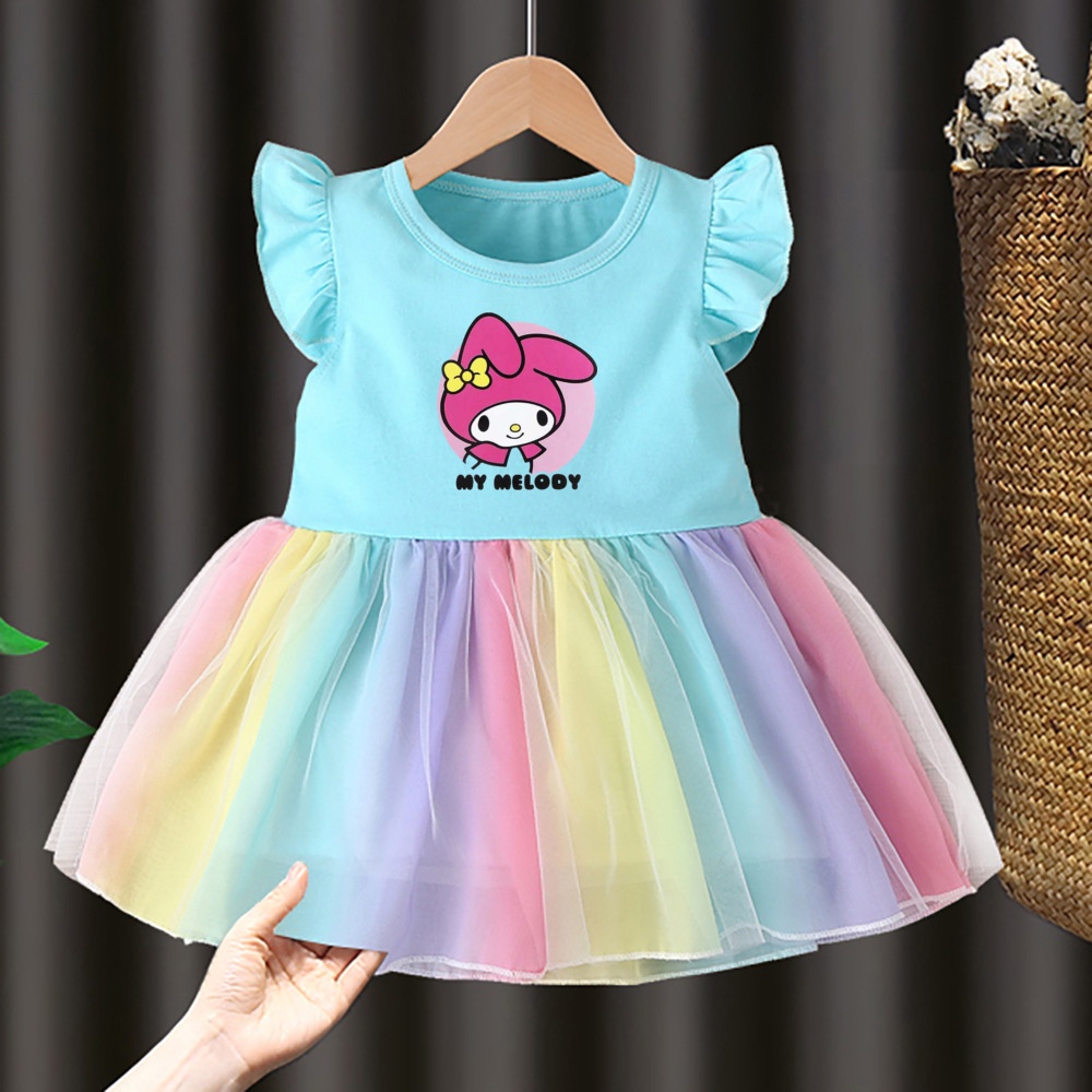 Đầm Xòe Công Chúa In Hình Mèo kitty Màu Cầu Vồng Dễ Thương Cho Bé Gái