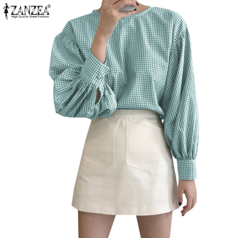 Áo Kiểu Nữ ZANZEA Ca Rô Dài Tay Cổ Tròn Thời Trang Hàn