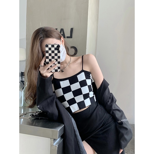 SUXI Áo Hai Dây Dệt Kim Ôm Dáng Kẻ Sọc Ca Rô Kiểu Retro Hàn Quốc