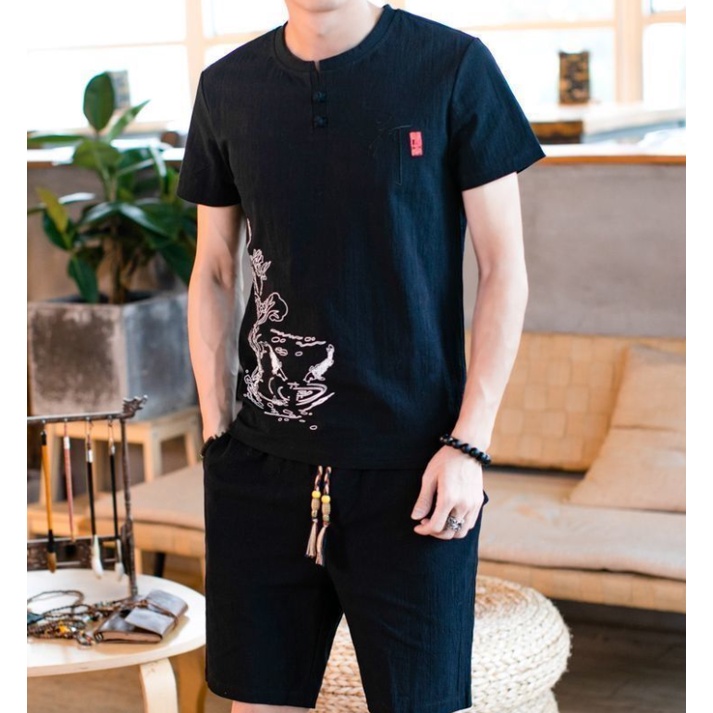 Set đồ Hán phục vải lanh cotton thêu họa tiết phong cách Trung Hoa cổ điển thời trang cho nam