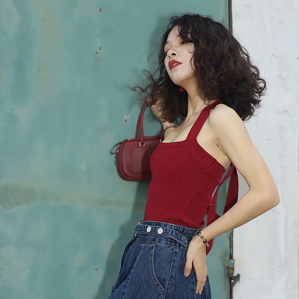 Áo Hai Dây Dệt Kim Màu Đỏ Phong Cách Retro Thời Trang Mùa Hè Cho Nữ