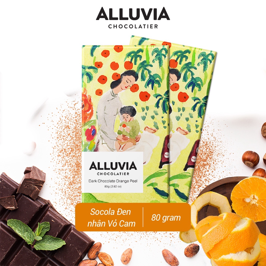 Socola đen nguyên chất nhân Vỏ Cam đắng vừa ít ngọt Alluvia, dark chocolate with orange peel