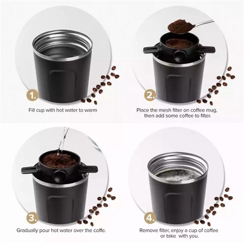Set 2 bộ lọc cà phê bằng thép không gỉ 304, bộ lọc cà phê hai lớp lọc mịn không cần giấy lọc có tay cầm có thể gập lại