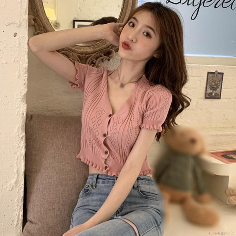 Áo Croptop Dệt Kim Tay Ngắn Thiết Kế Trễ Vai Nữ Tính