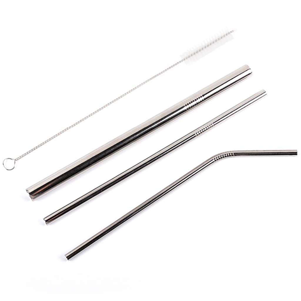 Ống hút inox 💖 Bộ 3 ống 💖 đầu cong gập kèm cọ vệ sinh ống hút kích thước 20cm dùng trong gia đình đi du lịch