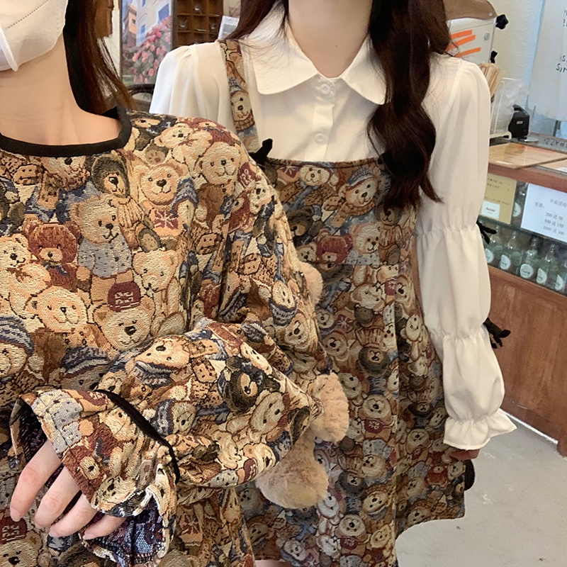 Áo Sơ Mi Dài Tay Giả Hai Lớp + Đầm Yếm In Hình Gấu Thời Trang Dành Cho Nữ