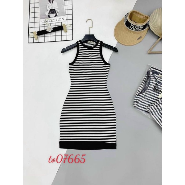 Đầm Thun Kẻ Sọc Ngang Viền Đen Ba Lỗ Sát Nách - Dáng Ngắn Ôm Body Sexy