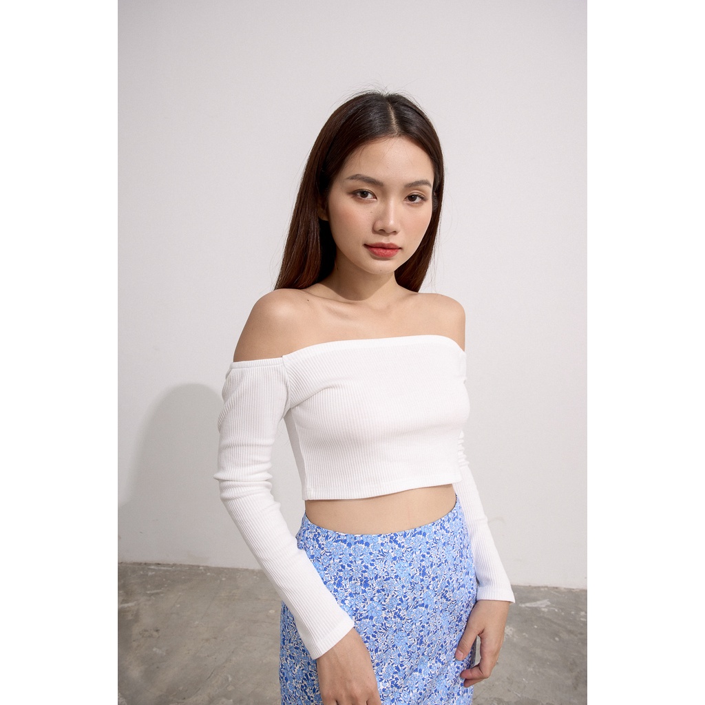 Áo croptop Maybi ôm thun trễ vai tay dài