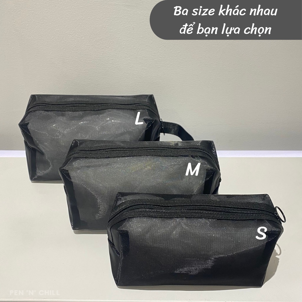 Túi lưới đen đựng bút, mỹ phẩm có khóa kéo nhiều kích thước