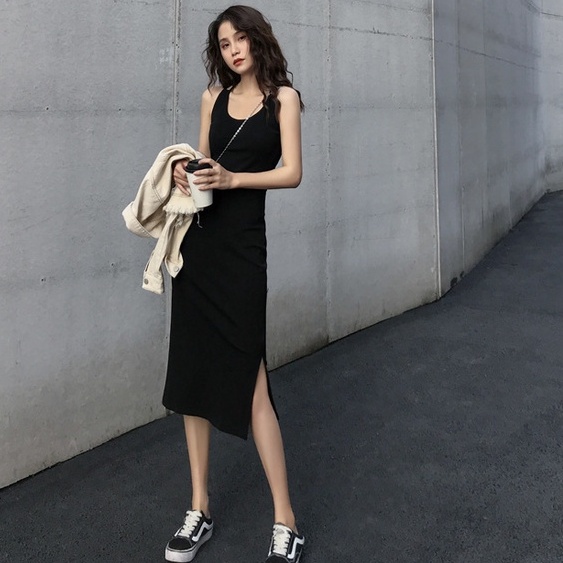 WANGJIAOZHAN Đầm Sling Thời Trang Dài Slit Mỏng Có Chiều Dài Trung