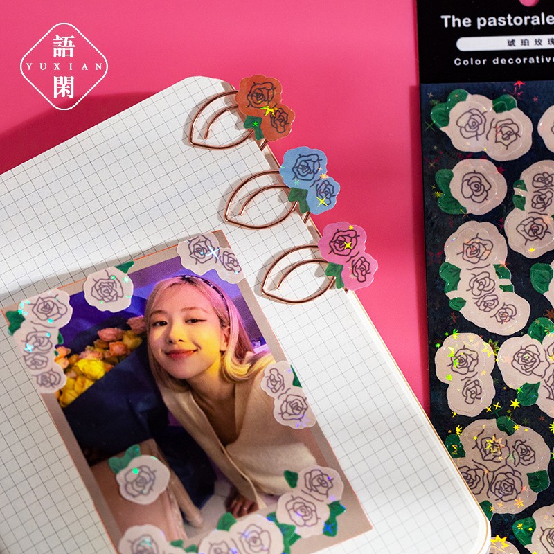 Set 2 tấm hình dán hoa hồng lấp lánh trang trí sổ lưu niệm