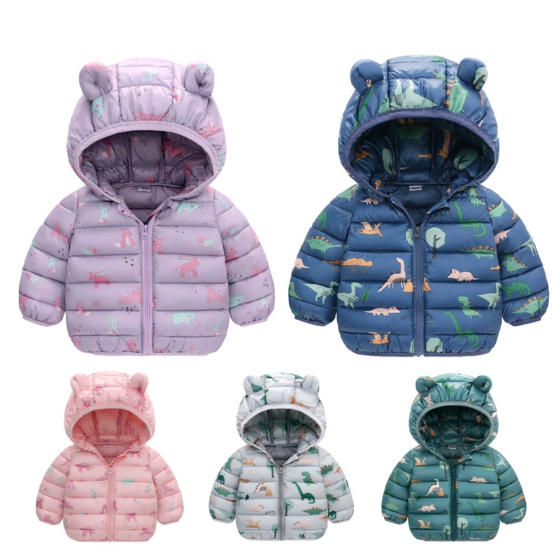 [THOMAS KIDS] Áo Khoác Giữ Nhiệt Có Nón Và Khóa Kéo In Họa Tiết Khủng Long Hoạt Hình Cho Bé 1-5 Tuổi