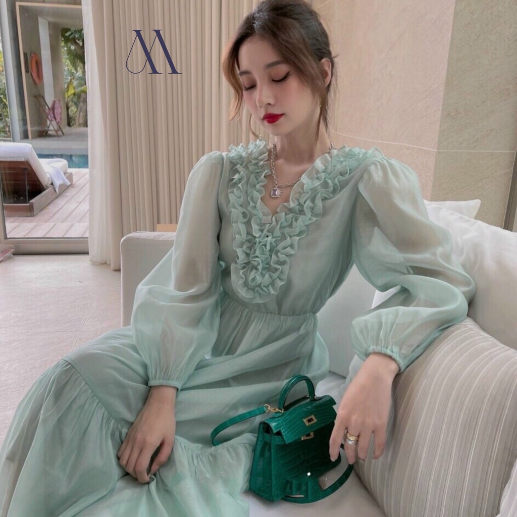 Đầm Maxi Tay Dài Cổ Nhúng Bèo - 1 Màu Xanh Mint - Kích Thước Freesize - Chất Liệu Vải Lụa 2 lớp. Toát Lên Sự Sang Trọng