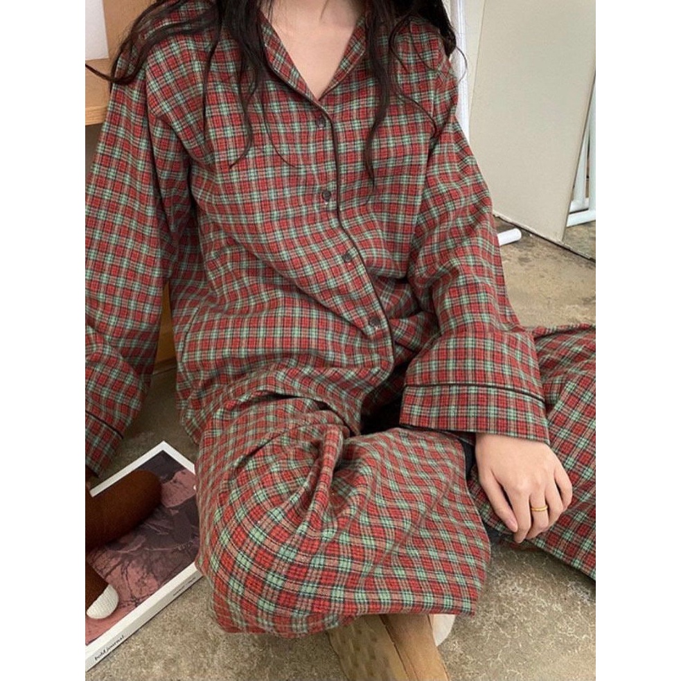 Set Đồ Ngủ Dài Tay Họa Tiết Ca Rô Phong Cách Hàn Quốc Dành Cho Nữ