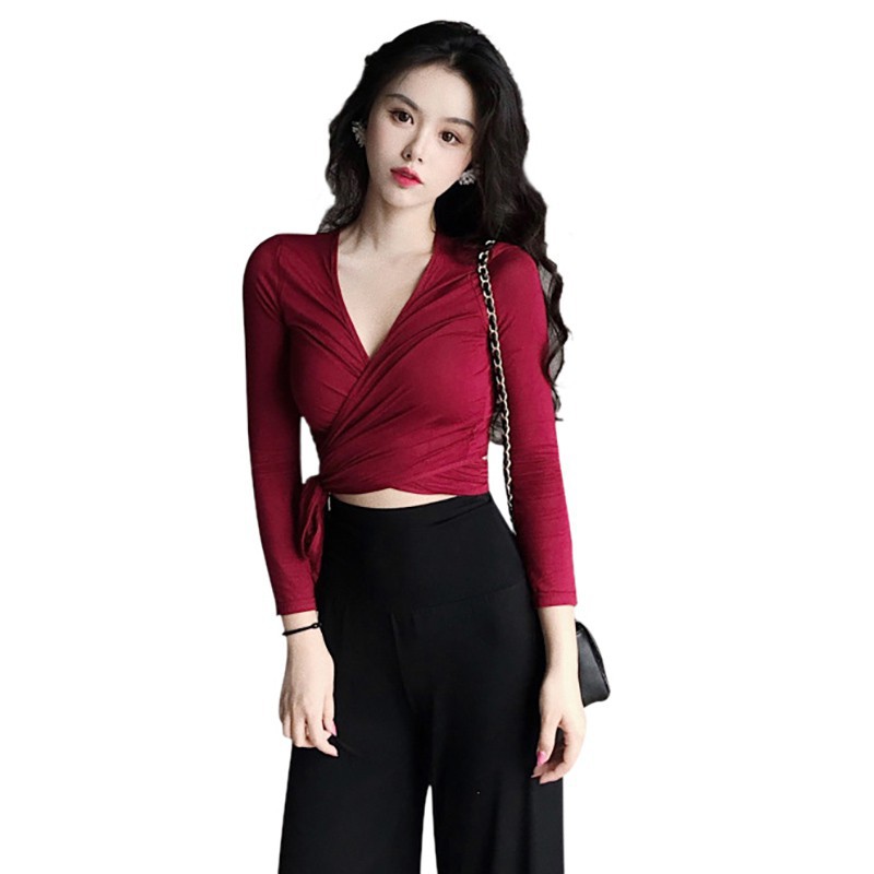 Áo croptop dài tay cổ chữ V quyến rũ thời trang dành cho phái nữ