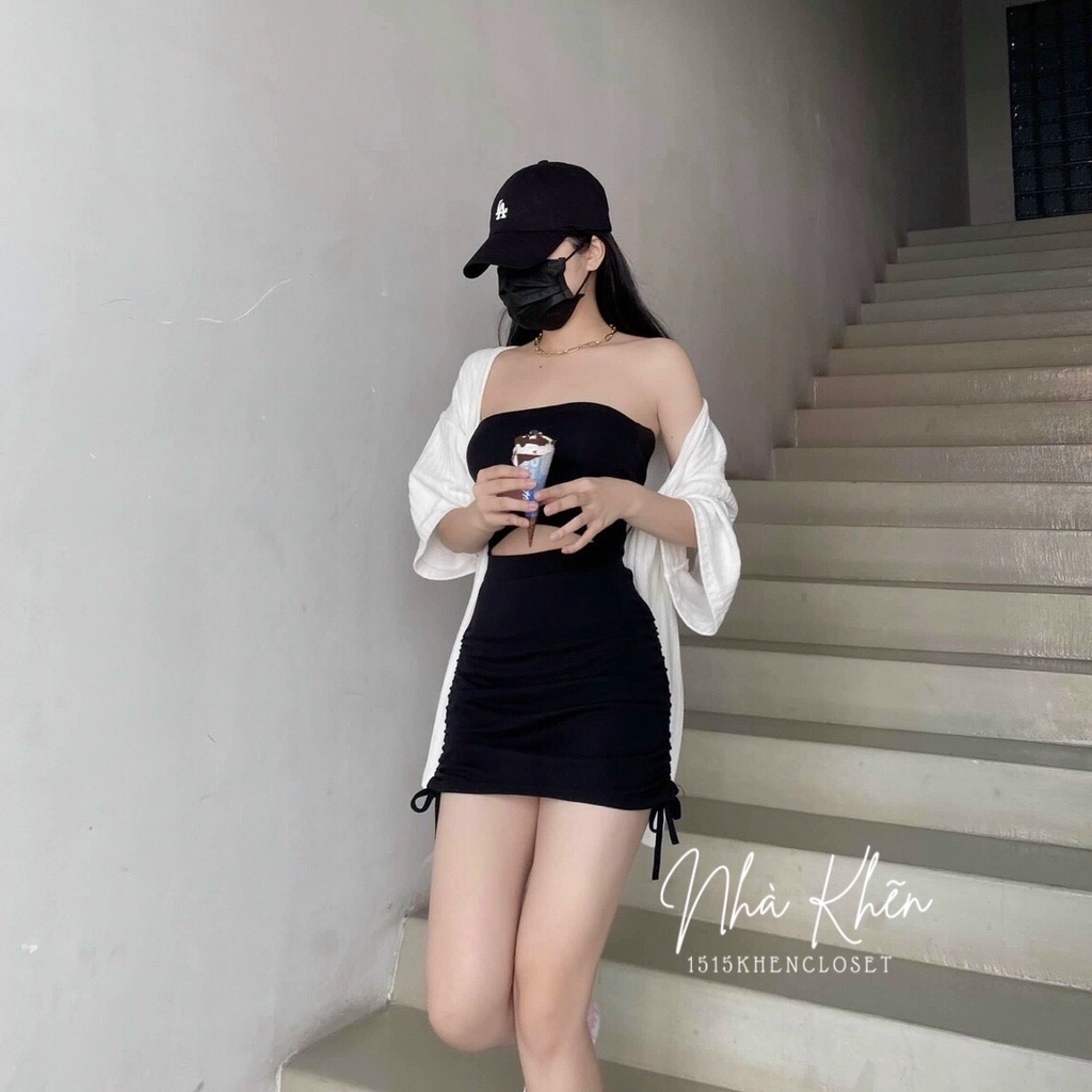 Set áo ống chân váy rút kèm áo khoác tay ngắn gân